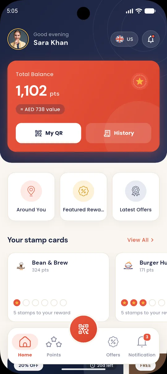 LoyalBite app home screen with a total balance of 1,102 points, quick actions and stamp cards