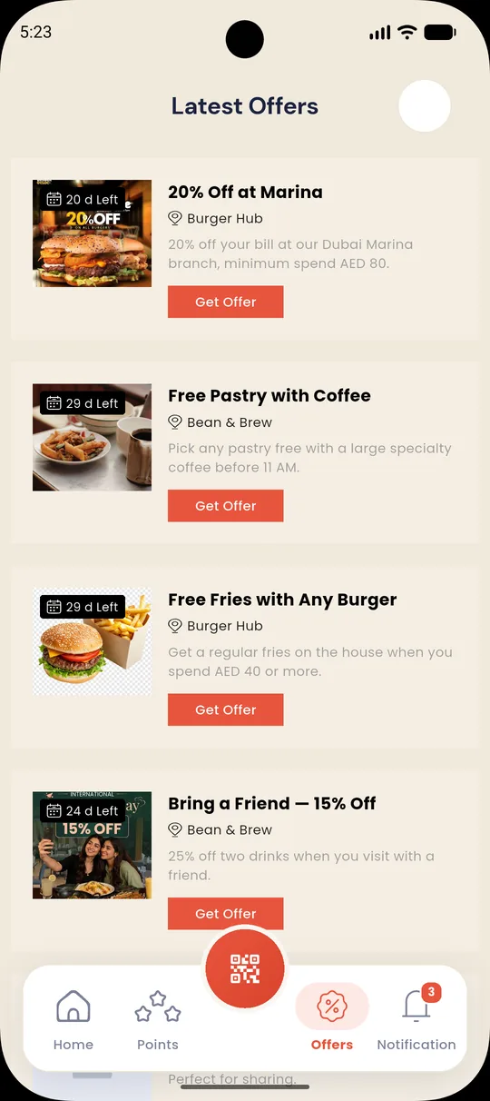 Latest offers in the LoyalBite app, each with days left and a Get Offer button
