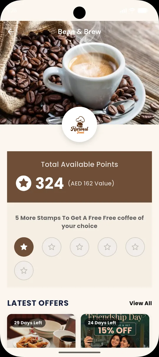 Bean and Brew restaurant page with 324 points and a stamp card